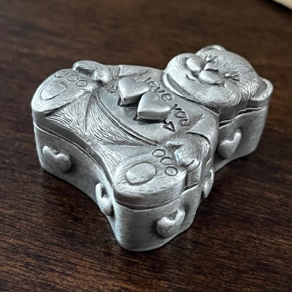 Vintage Pewter Jewlery Set Bear Trinket Box Earrings Necklace Brooch Pin Child - Picture 7 of 11